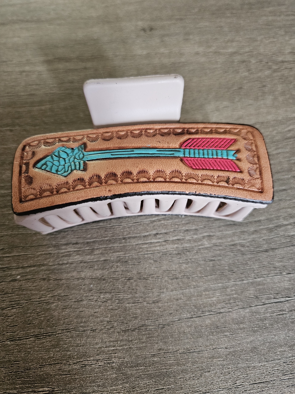 Turquoise & Pink Arrow Genuine Tooled Leather Accent Hair Claw Clip - Women-NWOT